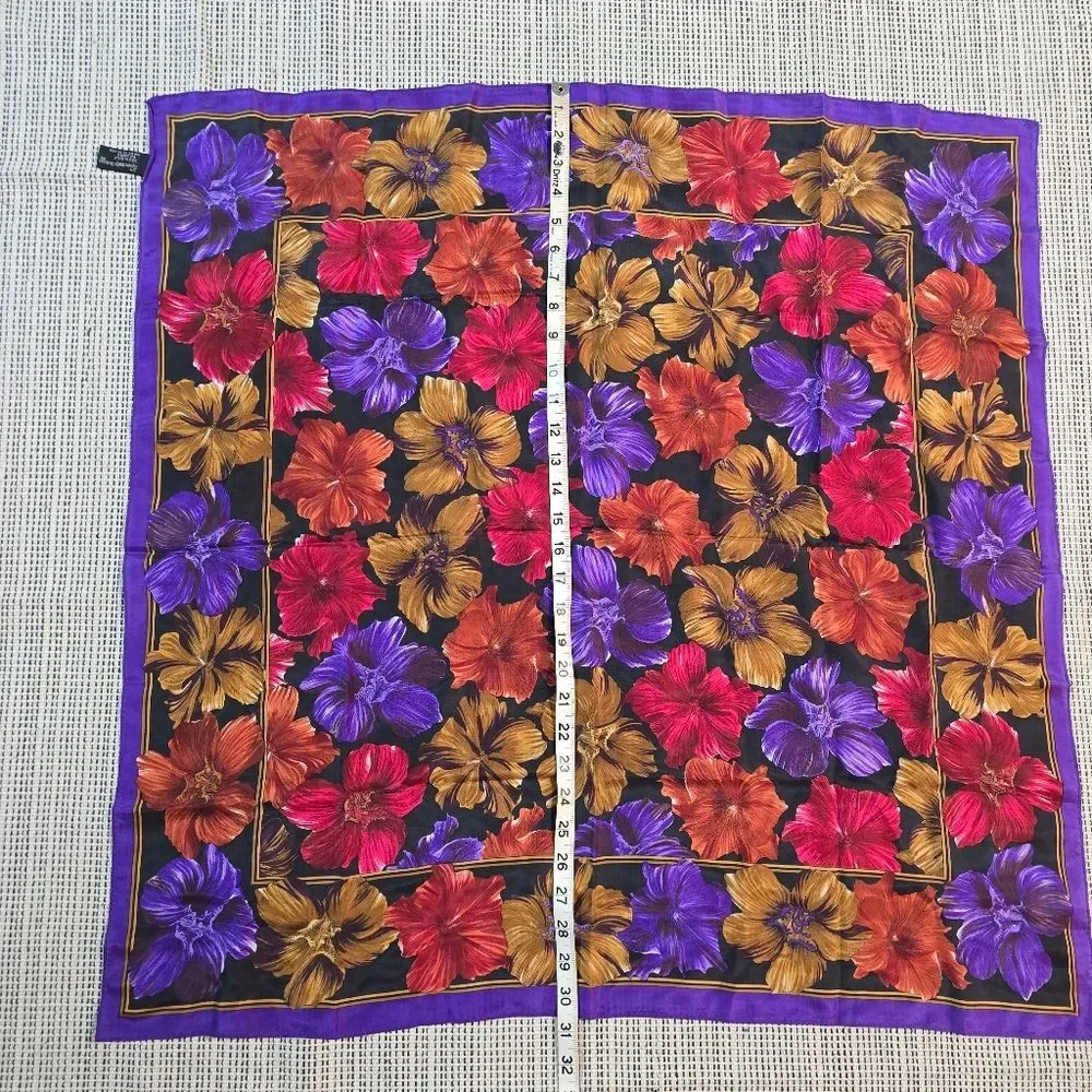 Vintage Specialty House 100% Silk Purple Hibiscus Floral Square Scarf Korea
